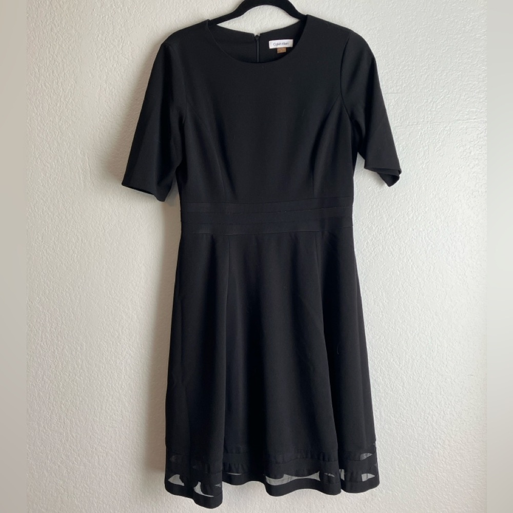 Calvin Klein Black Half Sleeve Mesh Detail A Line Dress